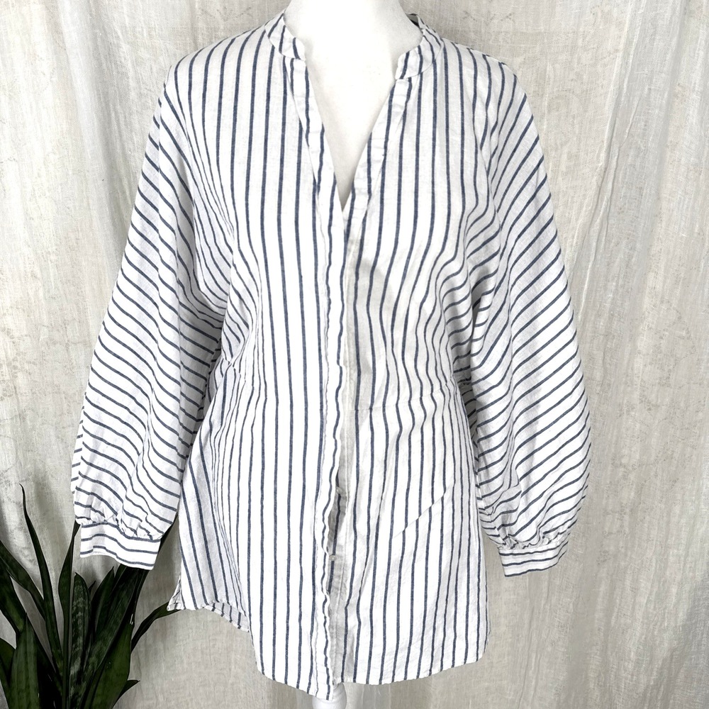 White Blue Striped Button Up Coastal Tunic Top M Nautical Fisherman 100% Cotton